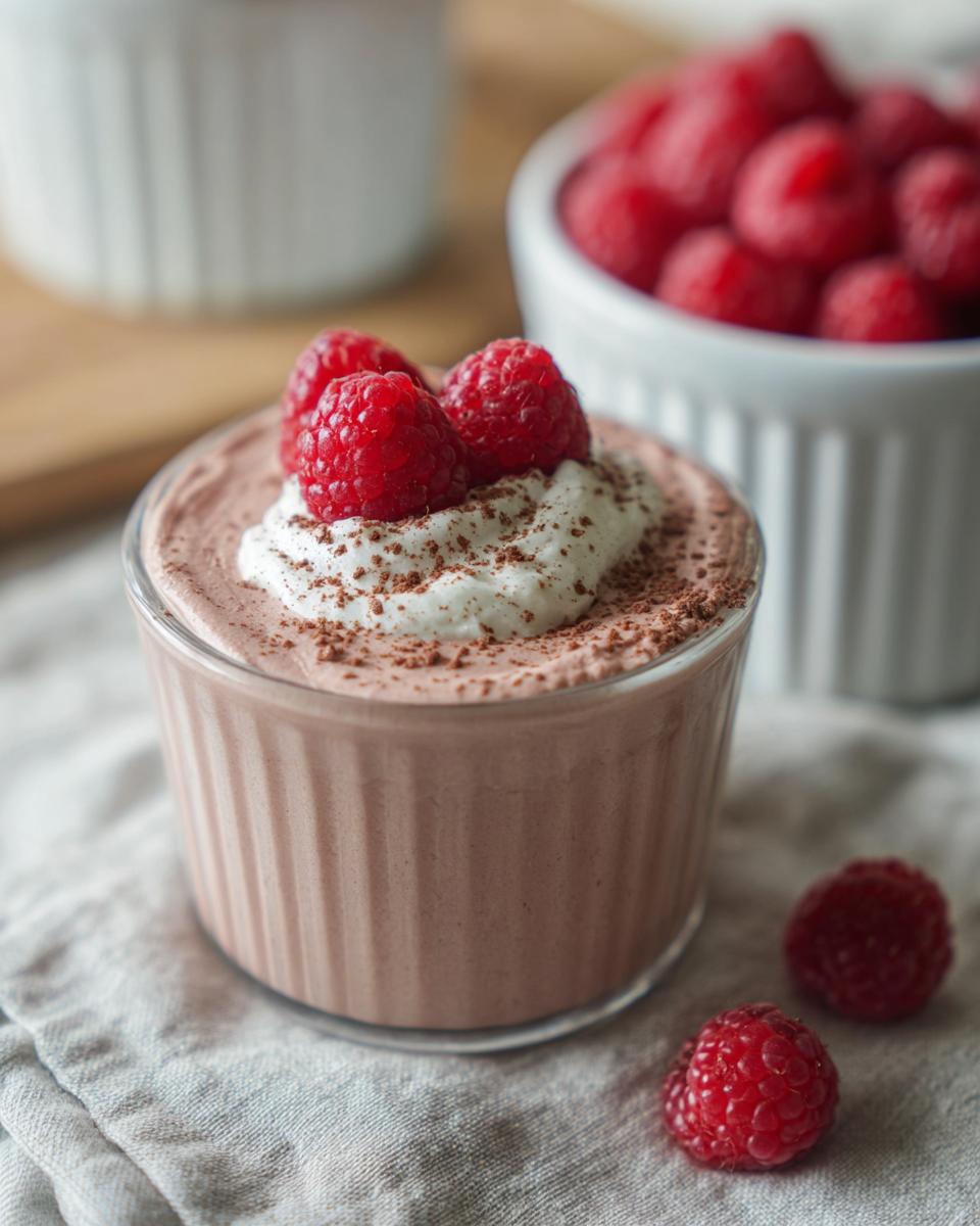 A serving of Cottage Cheese Raspberry Mousse topped with whipped cream, cocoa powder, and fresh raspberries.