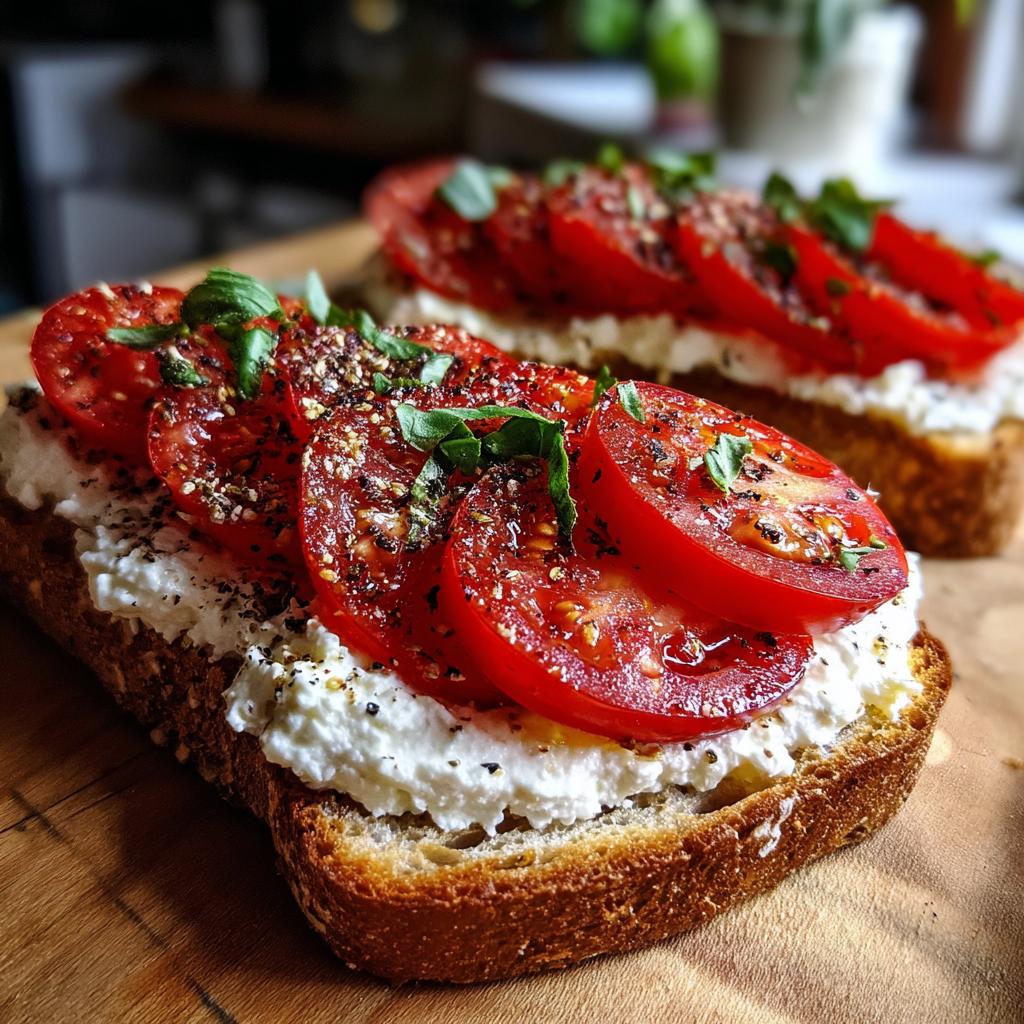 Close-up of healthy cottage cheese toast topped with fresh tomato slices, herbs, and pepper.