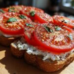 Close-up of healthy cottage cheese toast topped with fresh tomato slices and basil, seasoned with pepper.