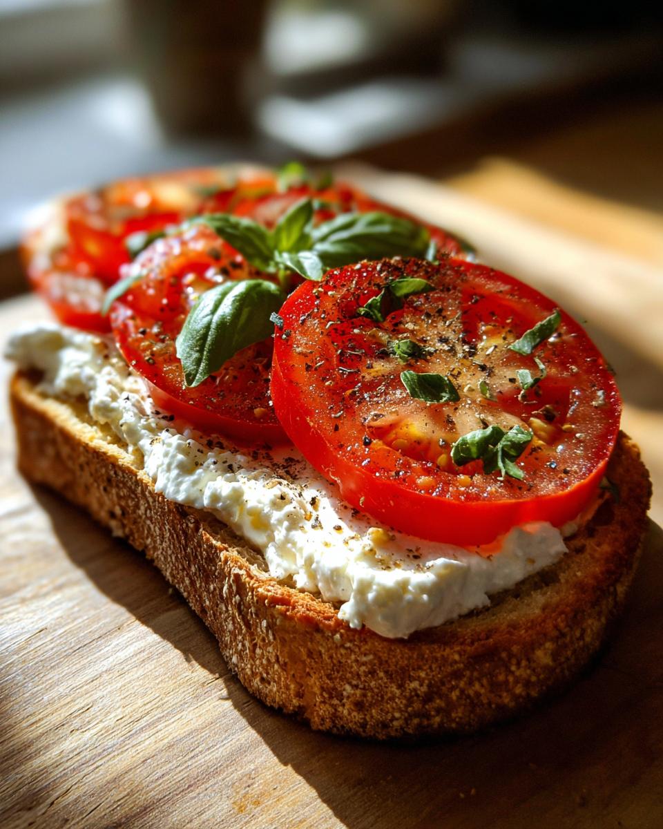 A slice of toasted bread topped with creamy cottage cheese, fresh tomato slices, and basil, seasoned with pepper. Healthy lunch idea.