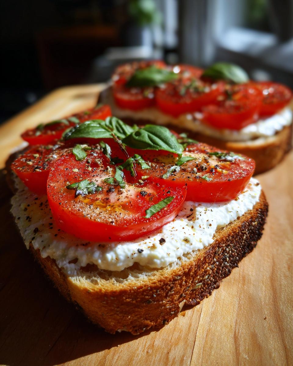Close-up of healthy cottage cheese toast topped with fresh tomato slices and basil.
