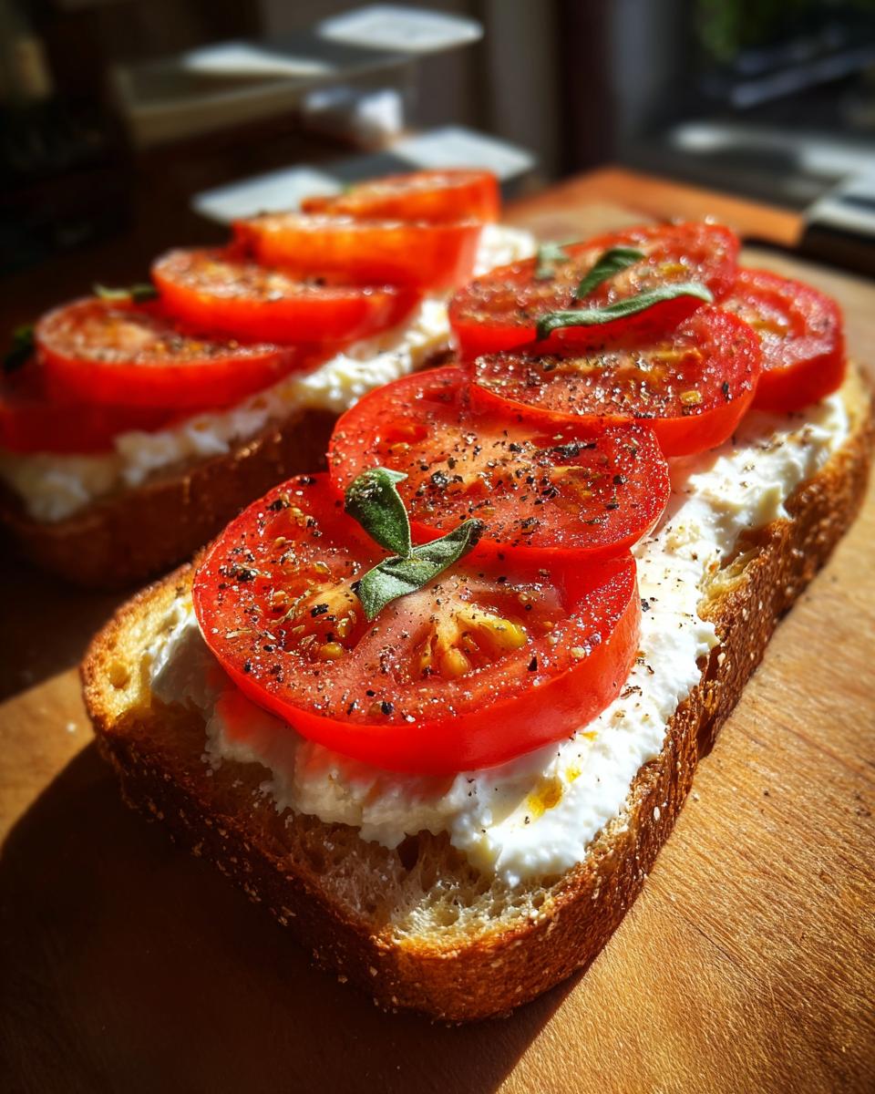 Close-up of two slices of toasted bread topped with creamy cottage cheese, fresh tomato slices, and basil. A healthy lunch idea.