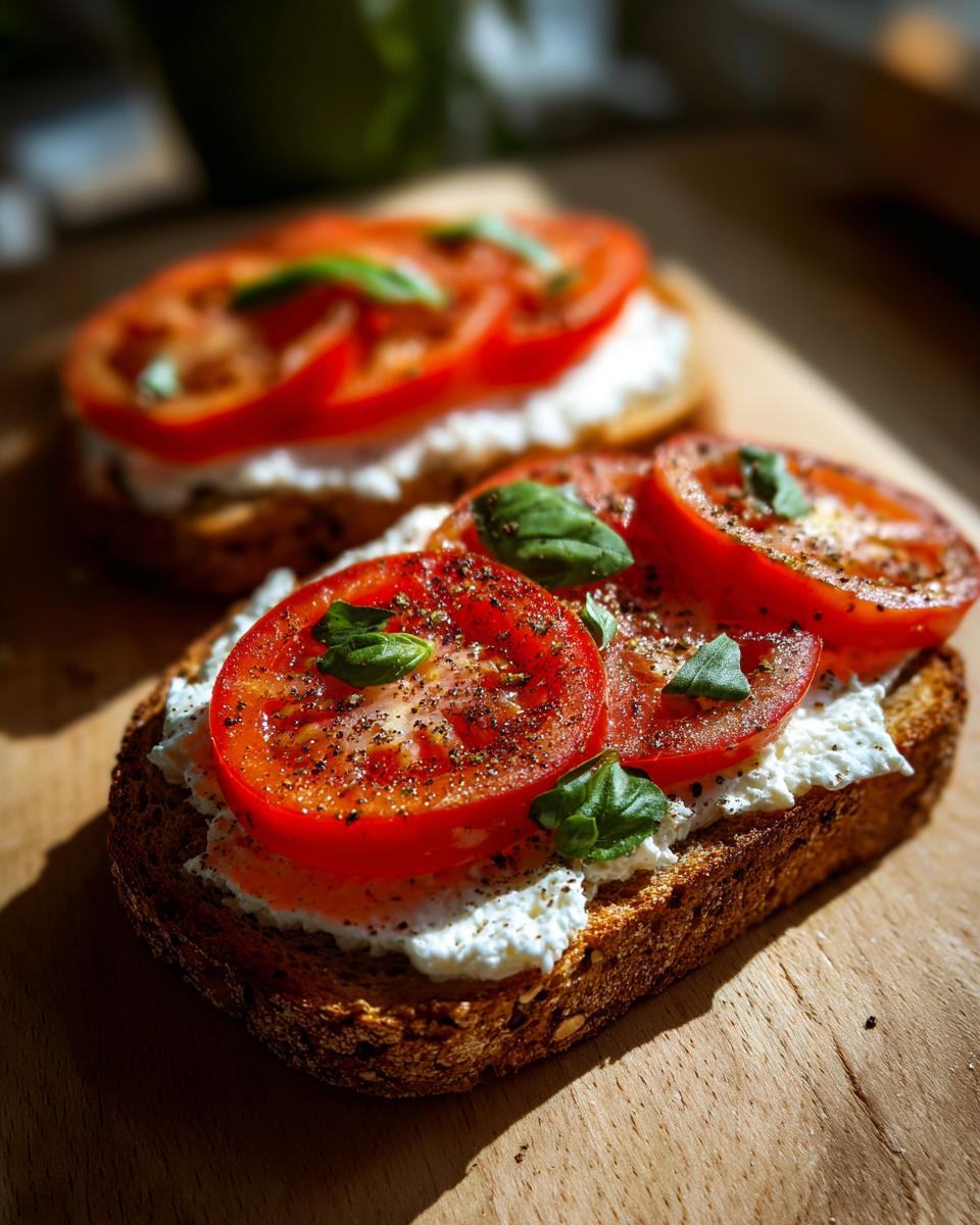 Close-up of healthy cottage cheese toast topped with fresh tomato slices and basil, seasoned with pepper.