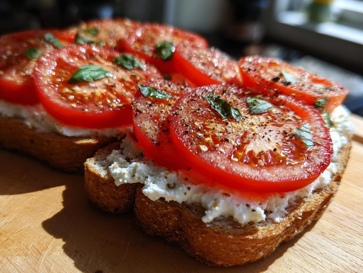 Close-up of healthy cottage cheese toast topped with fresh tomato slices and basil, seasoned with pepper.
