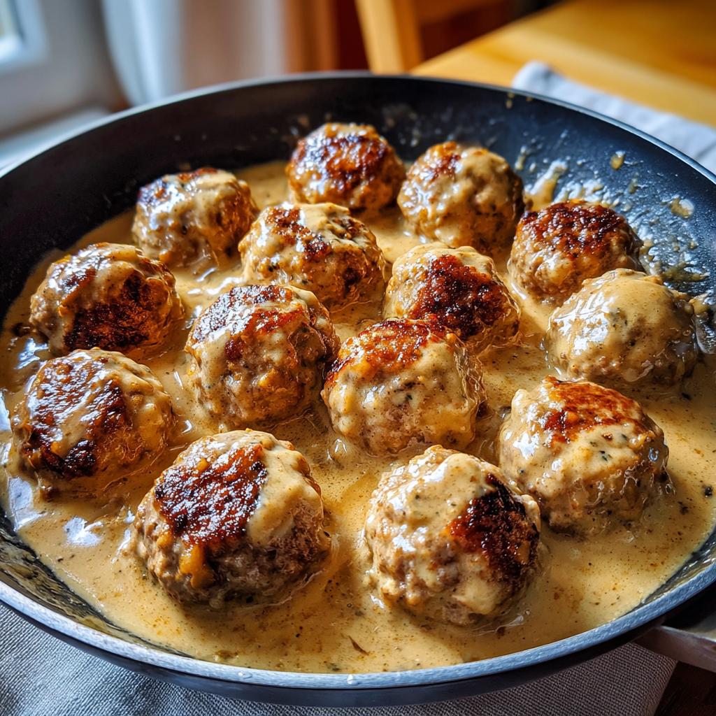 Close-up of delicious Swedish meatballs in a creamy sauce, perfect for ground beef recipes.