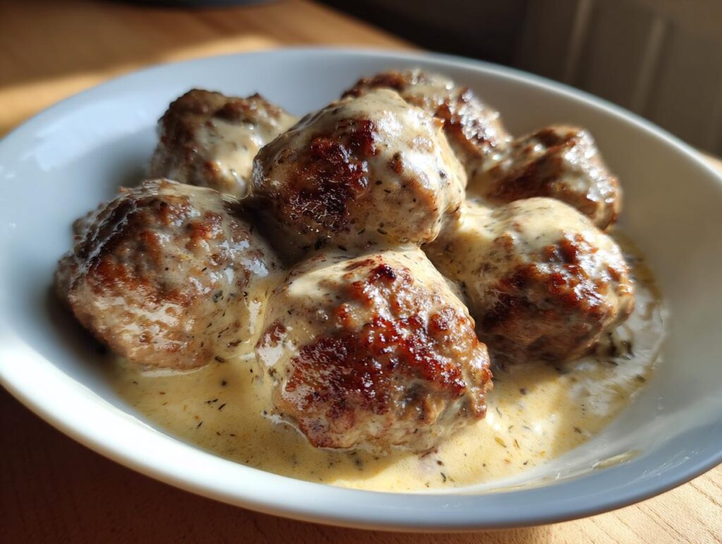 A bowl of delicious Swedish meatballs in a creamy sauce, perfect for ground beef recipes.
