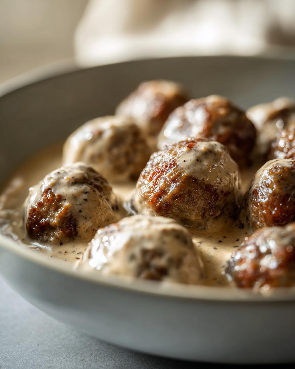 Close-up of a bowl filled with delicious Swedish meatballs coated in a rich, creamy sauce.