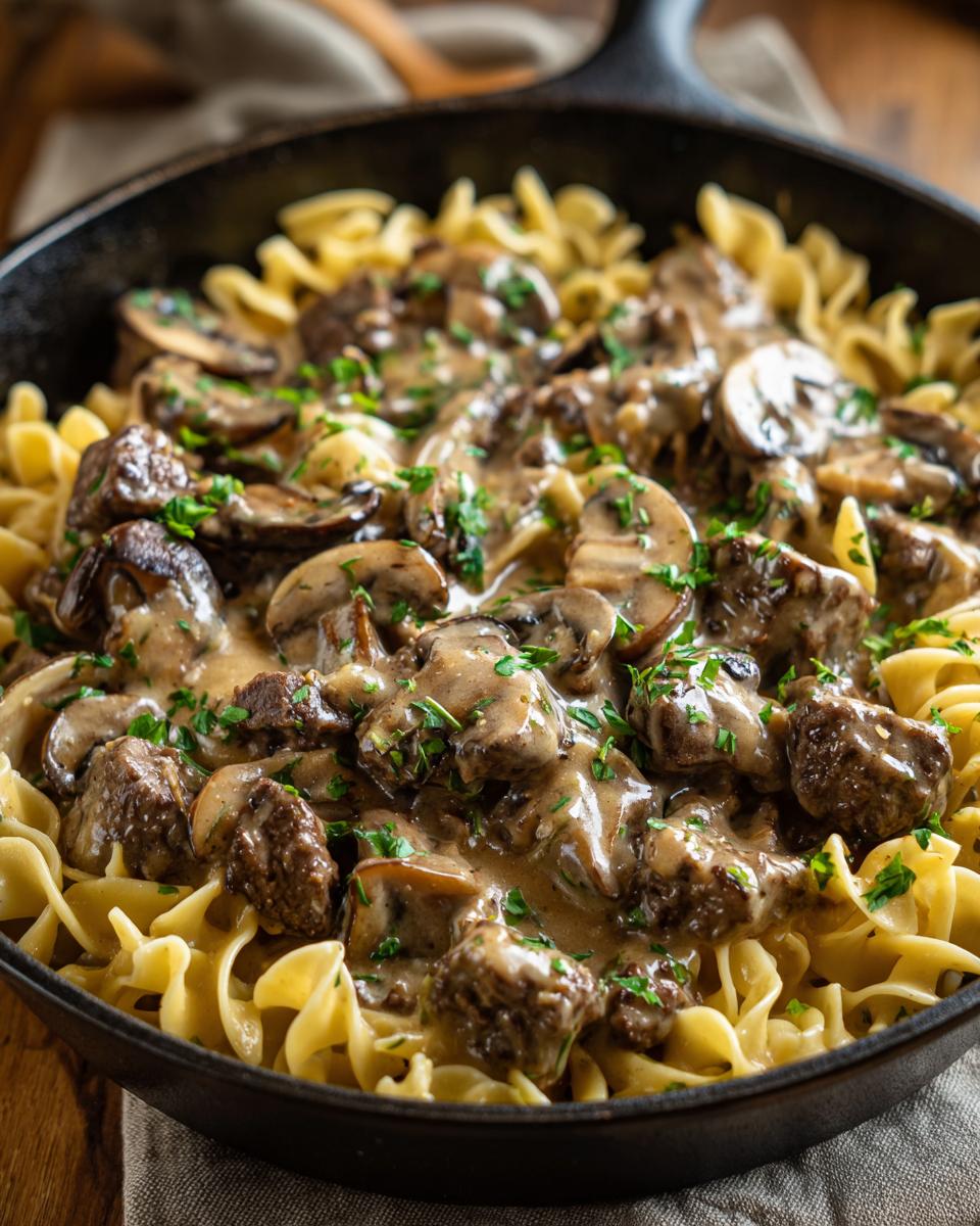 Close-up of a cast-iron skillet filled with creamy beef stroganoff, tender beef pieces, mushrooms, and egg noodles, garnished with parsley.