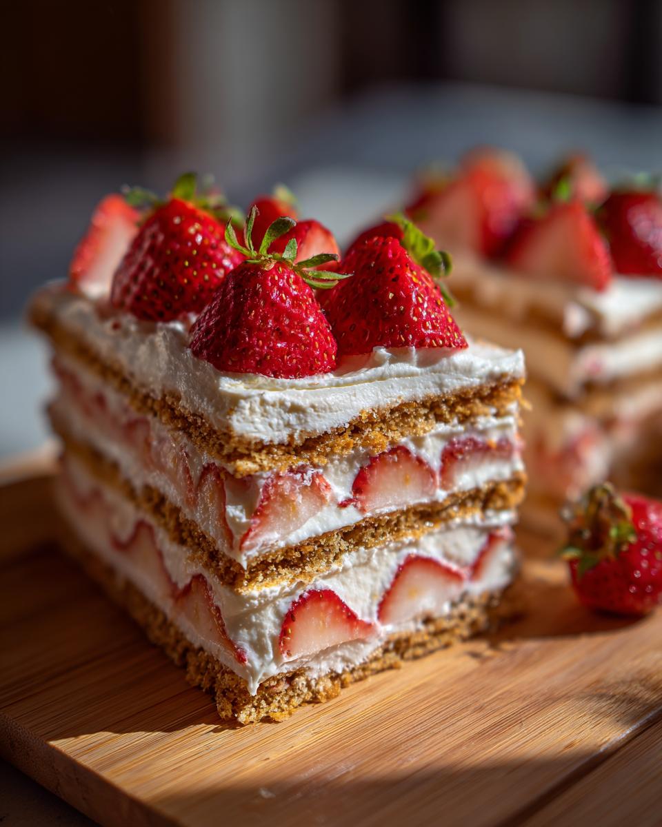 A slice of creamy strawberry icebox cake layered with wafers and fresh strawberries, topped with whole strawberries.