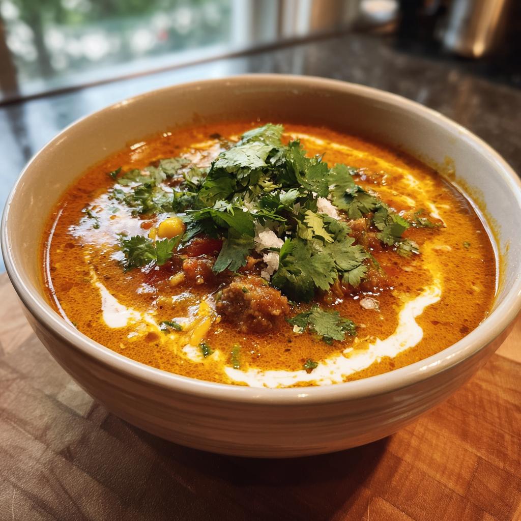A close-up of a bowl of creamy taco soup, garnished with fresh cilantro and a swirl of cream.