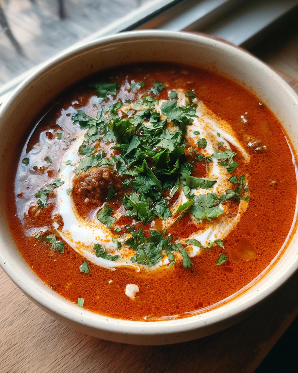 A close-up of a bowl of Creamy Taco Soup, featuring a rich red broth, ground meat, a swirl of cream, and fresh cilantro.