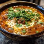 A close-up of a bowl of creamy taco soup, garnished with fresh cilantro and a swirl of cream.