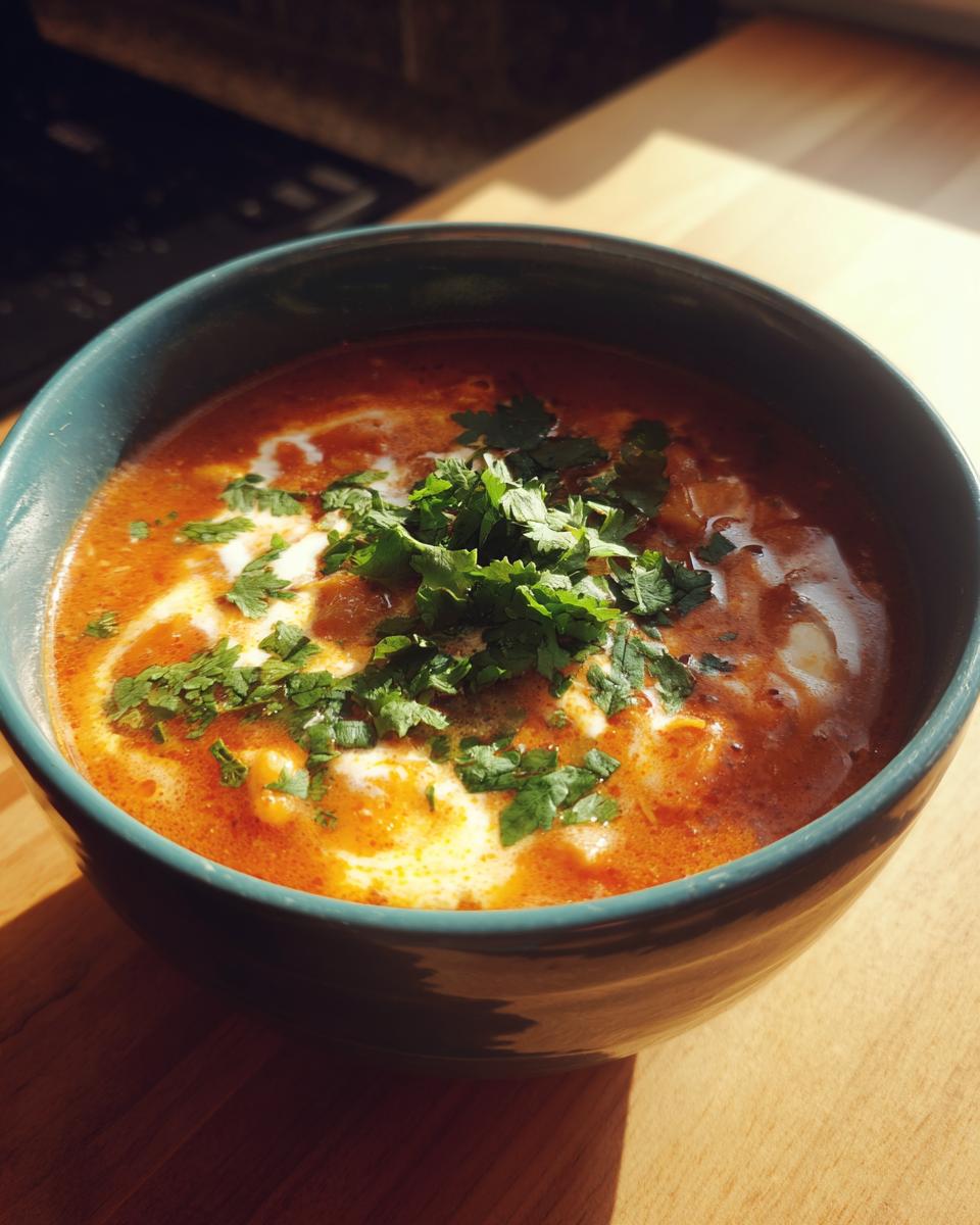 A bowl of creamy taco soup, garnished with fresh cilantro and a swirl of cream.