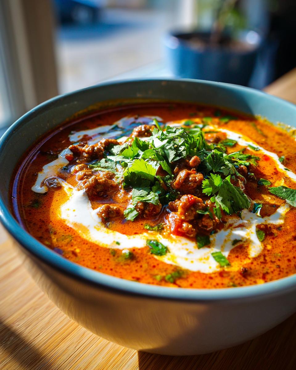 A close-up of a bowl of creamy taco soup with ground beef, swirls of cream, and fresh cilantro.
