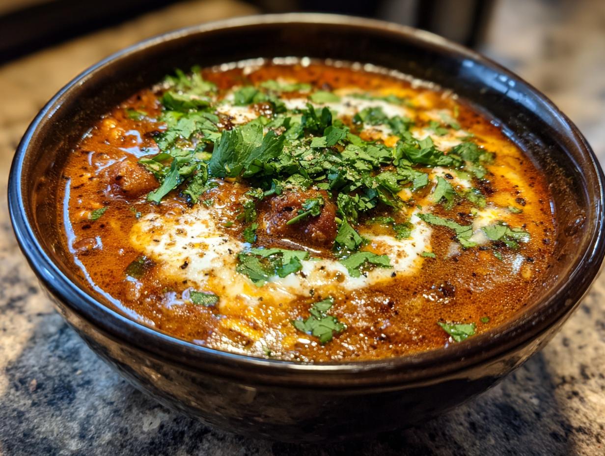 A close-up of a bowl of creamy taco soup, garnished with fresh cilantro and a swirl of cream.
