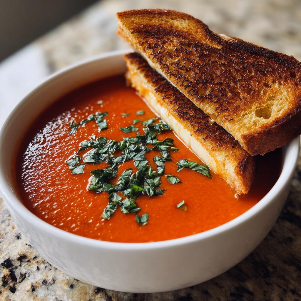 A bowl of creamy tomato basil soup topped with fresh basil, served with two slices of golden grilled cheese.