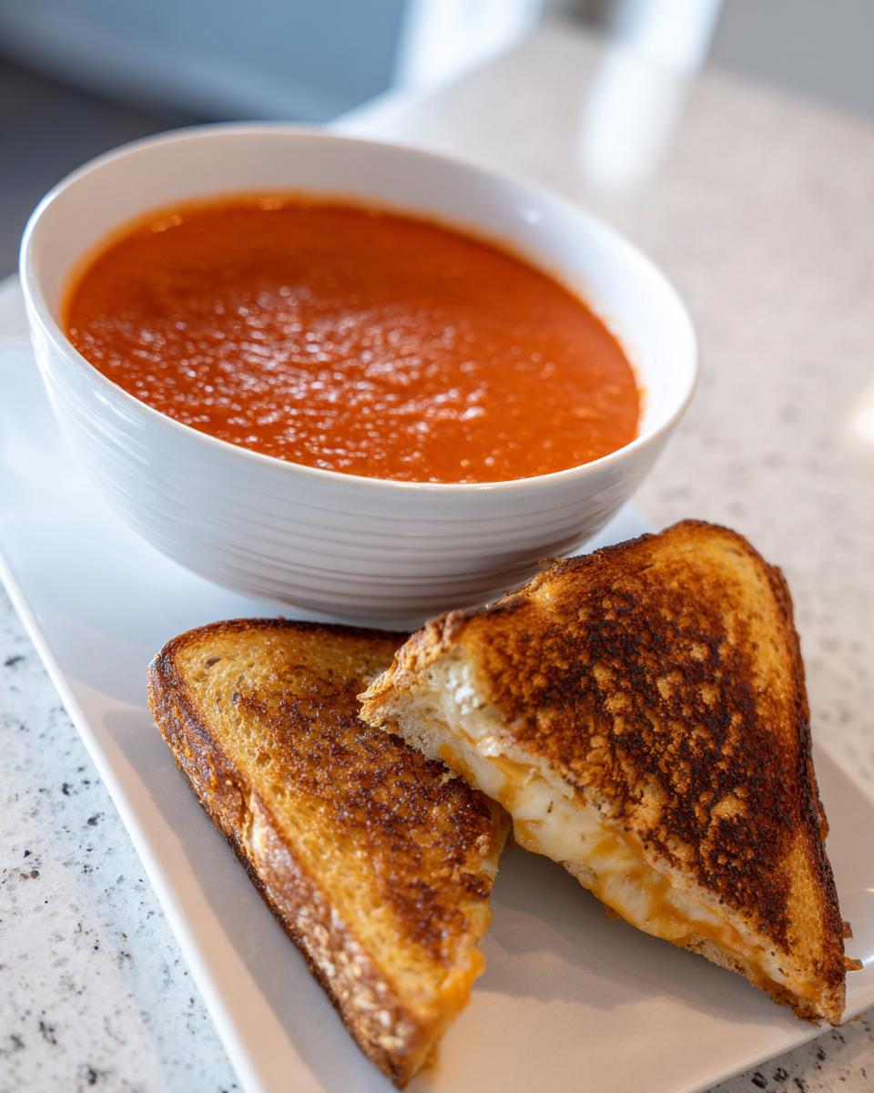 A bowl of creamy tomato basil soup served with two halves of a golden-brown grilled cheese sandwich.