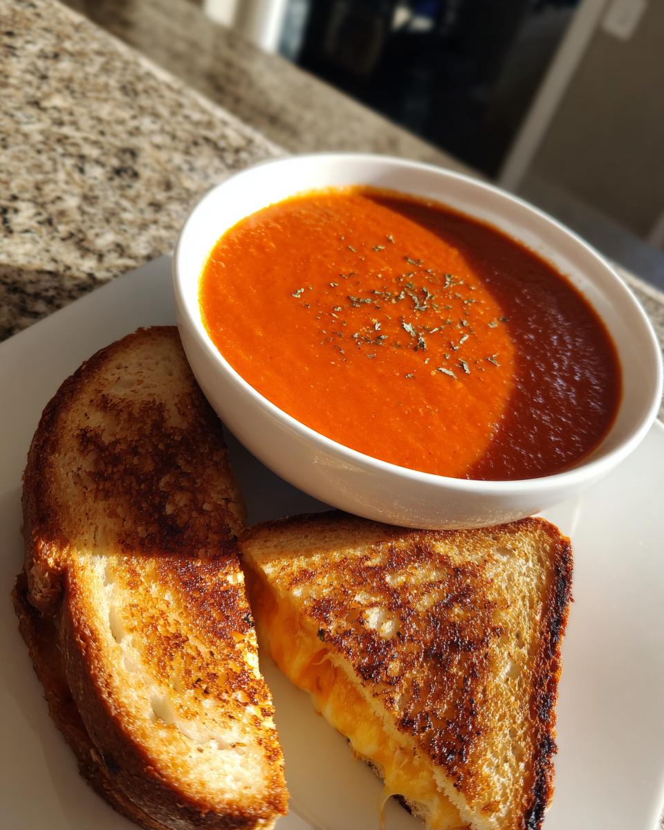 A bowl of creamy tomato basil soup served with two slices of golden brown grilled cheese sandwiches.