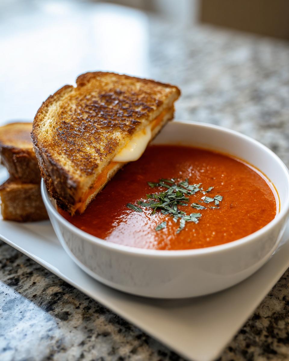 A bowl of creamy tomato basil soup topped with fresh herbs, served with a golden-brown grilled cheese sandwich.