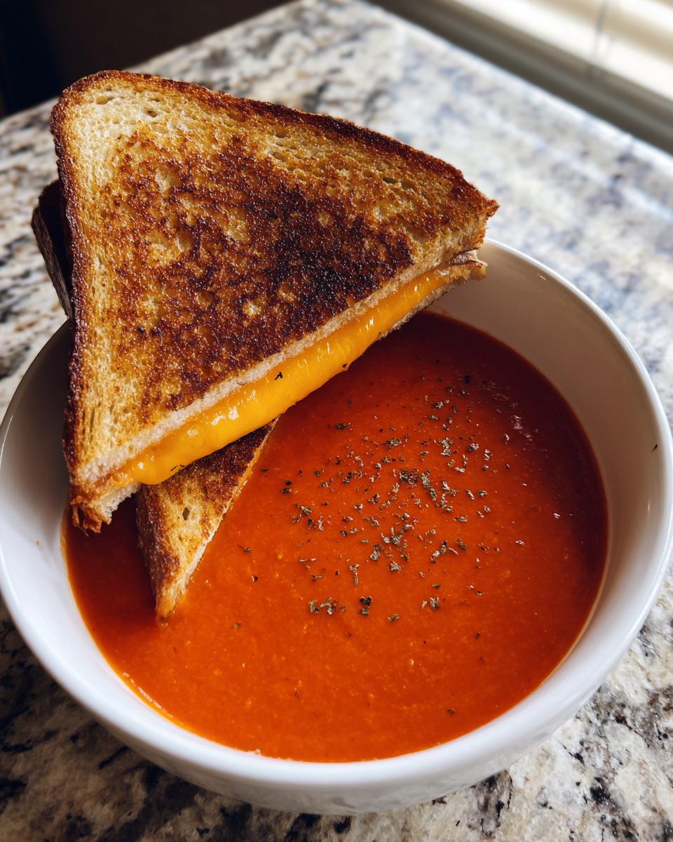 A bowl of creamy tomato basil soup topped with herbs, served with a grilled cheese sandwich.