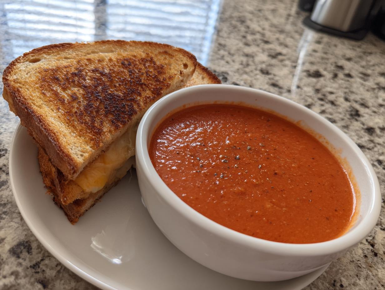 A bowl of creamy tomato basil soup next to a golden-brown grilled cheese sandwich, perfect for soup recipes.