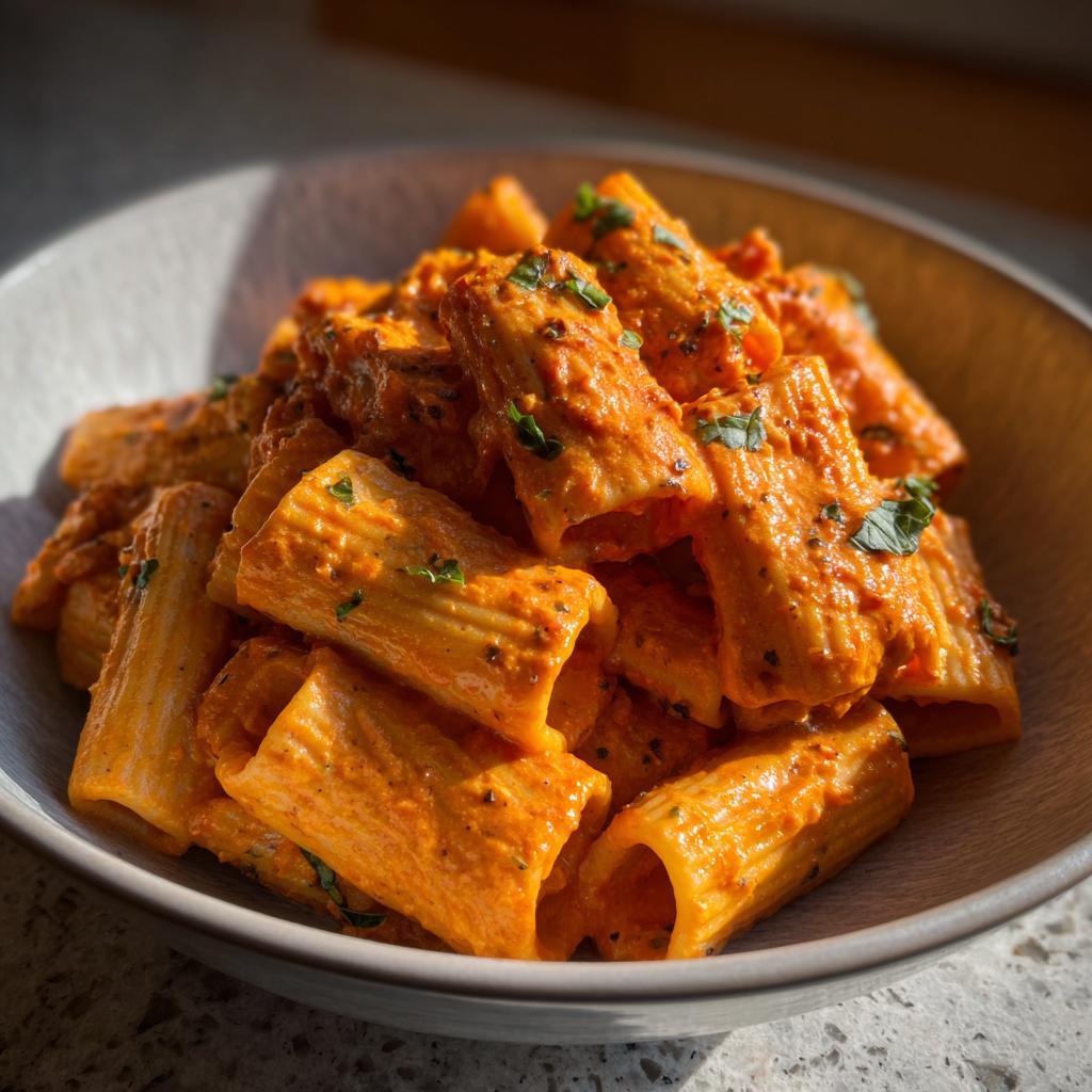 A bowl of creamy tomato rigatoni pasta, garnished with fresh herbs, ready to be served.