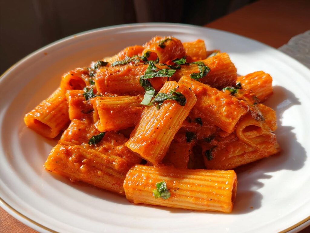 A close-up of a white bowl filled with creamy tomato rigatoni pasta, garnished with fresh herbs.
