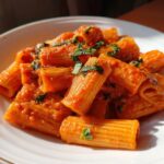 A close-up of a white bowl filled with creamy tomato rigatoni pasta, garnished with fresh herbs.