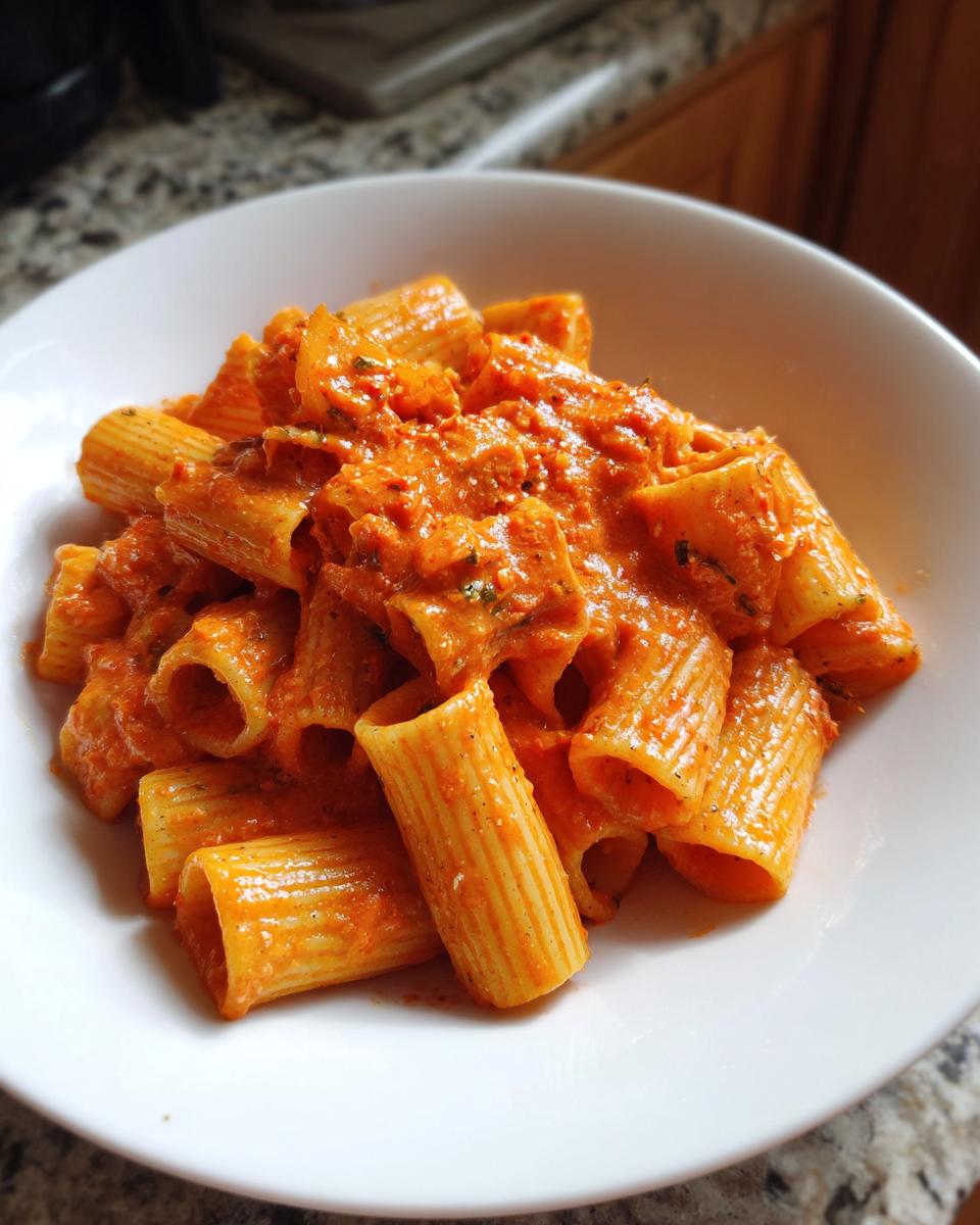 A close-up of a white bowl filled with rigatoni pasta coated in a rich, creamy tomato sauce.