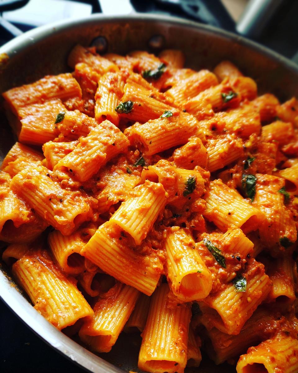 Close-up of rigatoni pasta coated in a rich, creamy tomato sauce with fresh basil.