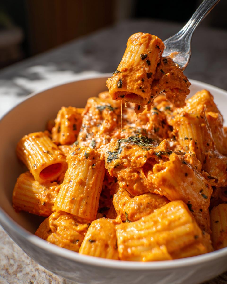 A fork lifting a piece of rigatoni pasta coated in creamy tomato sauce with herbs from a white bowl.