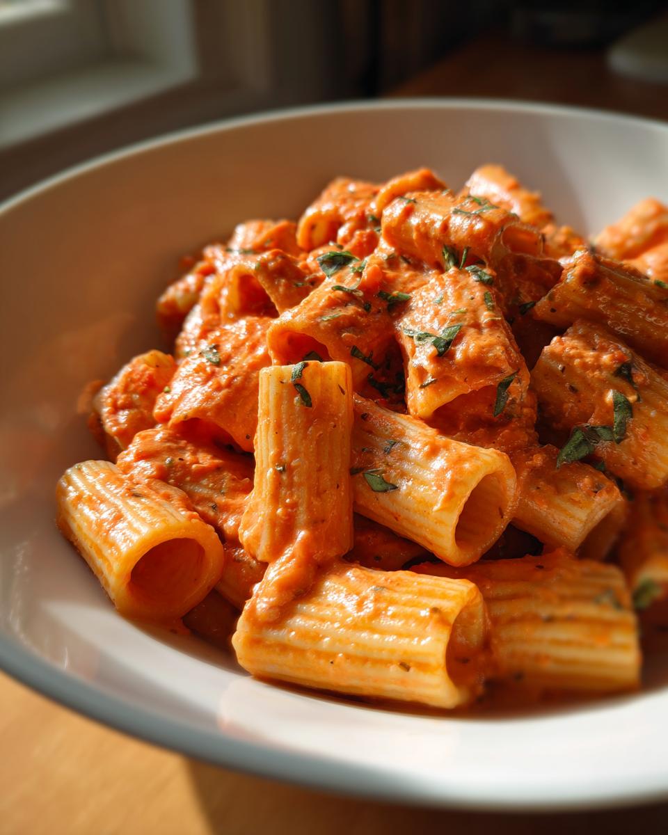A close-up of a bowl filled with creamy tomato rigatoni pasta, garnished with fresh herbs.