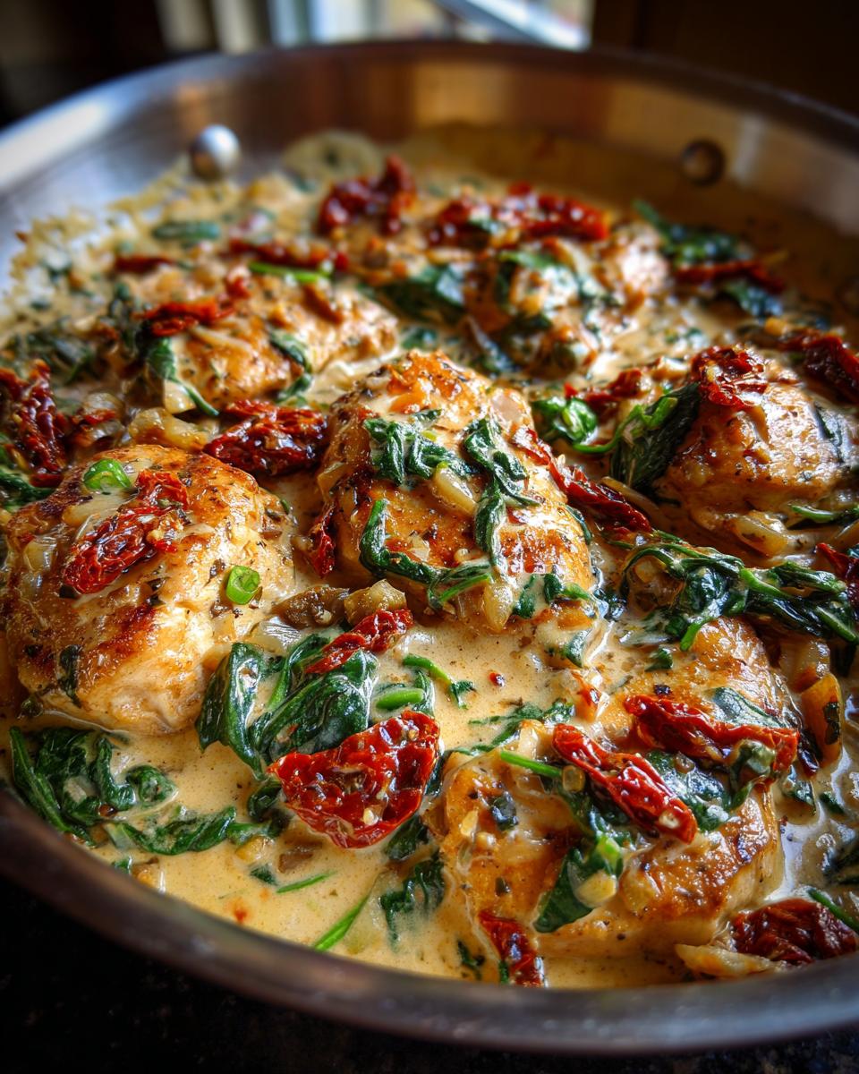 Close-up of pan-seared chicken breasts in a creamy Tuscan sauce with spinach and sun-dried tomatoes.