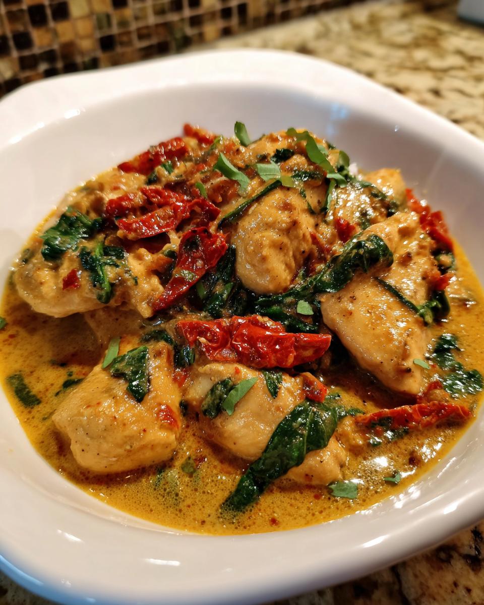 Close-up of Creamy Tuscan Chicken with sun-dried tomatoes and spinach in a rich sauce.
