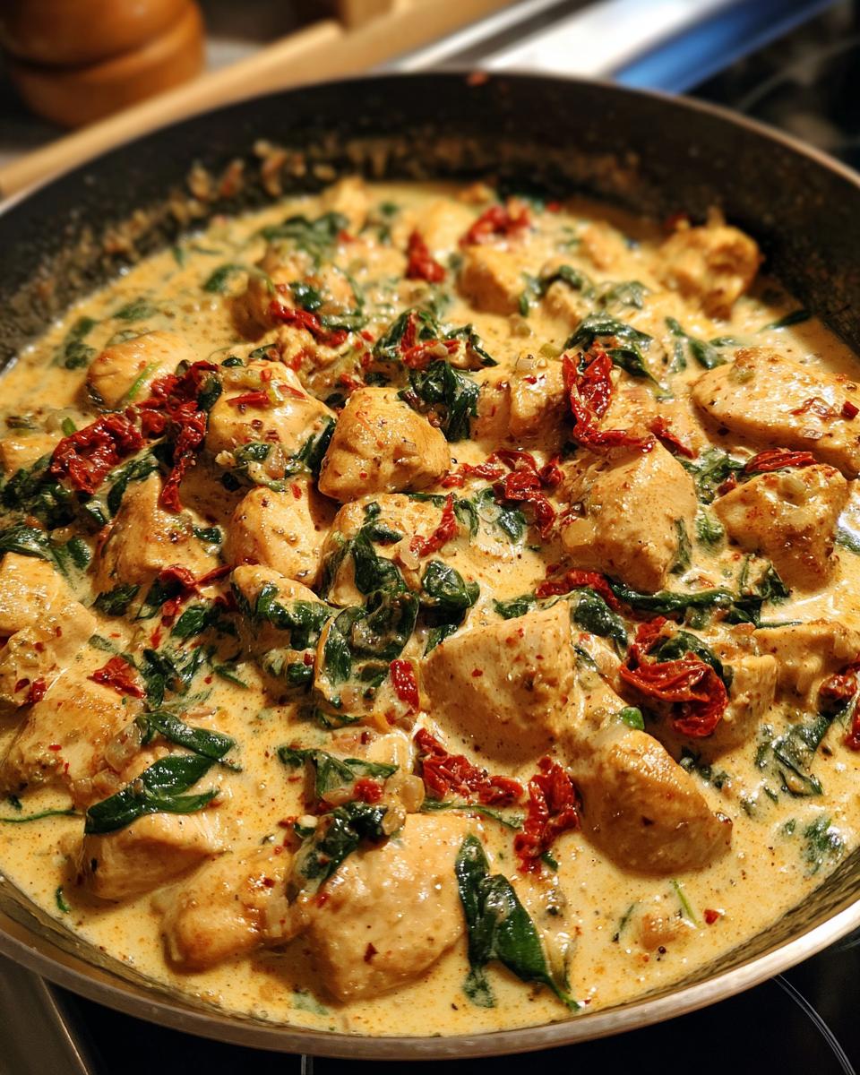 Close-up of creamy Tuscan chicken with spinach and sun-dried tomatoes in a skillet.