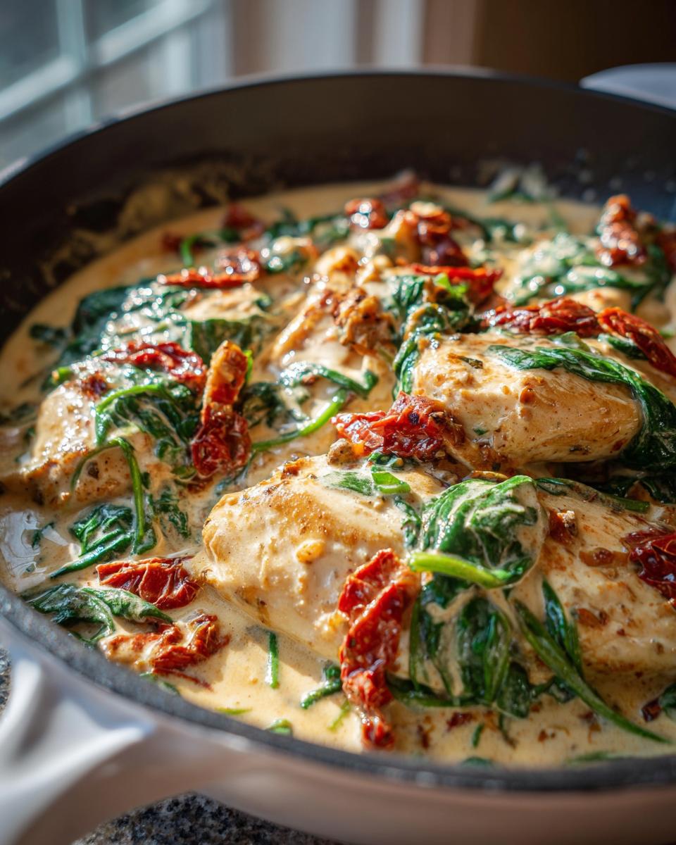 Close-up of Creamy Tuscan Chicken with sun-dried tomatoes and spinach in a skillet.