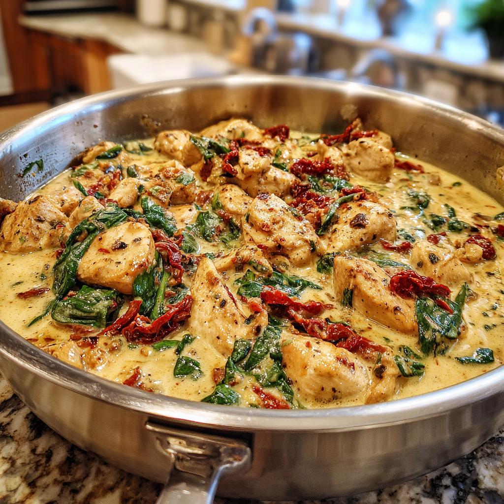Close-up of creamy Tuscan chicken with spinach and sun-dried tomatoes in a skillet, perfect for easy dinner recipes.