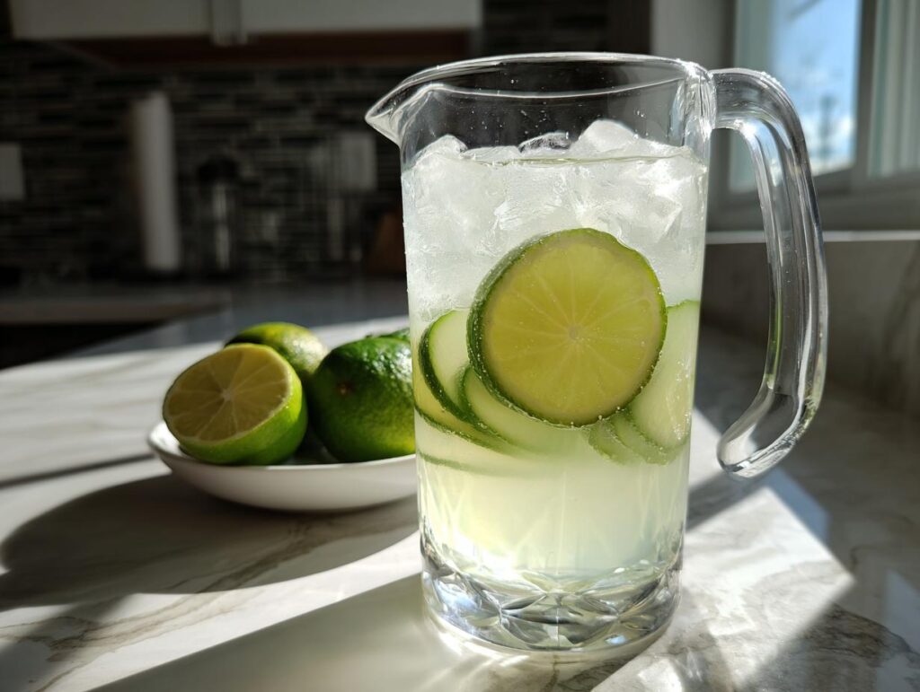 A pitcher of refreshing Cucumber Agua Fresca with slices of lime and cucumber, filled with ice.