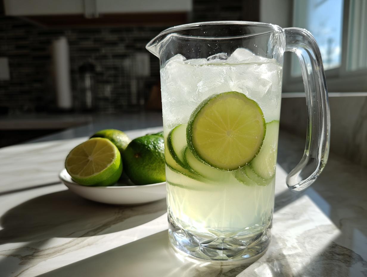 A pitcher of refreshing Cucumber Agua Fresca with slices of lime and cucumber, filled with ice.