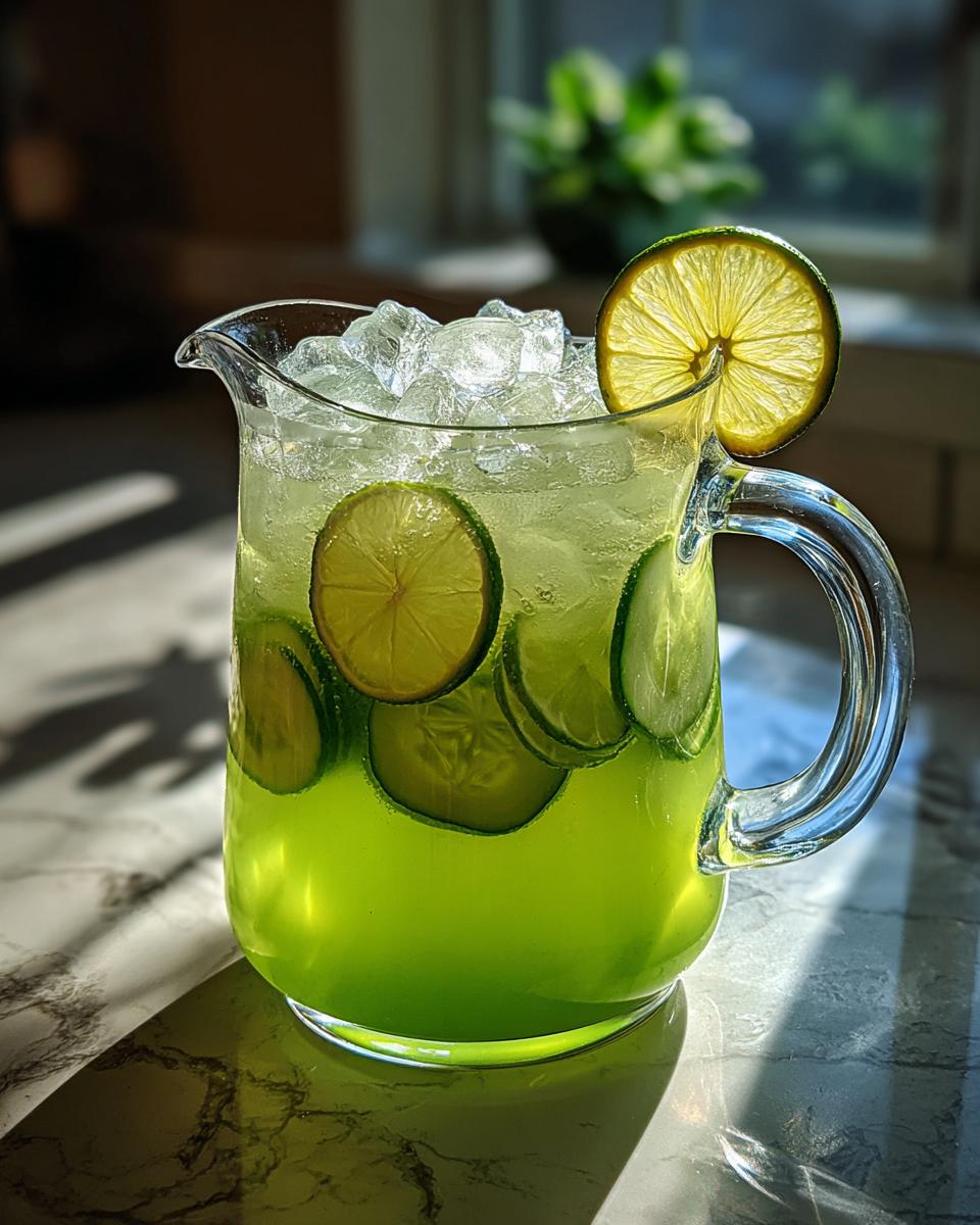 A pitcher filled with refreshing Cucumber Agua Fresca, garnished with cucumber slices, lime wheels, and crushed ice.