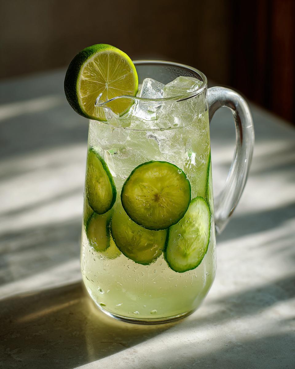 A pitcher filled with ice, cucumber slices, and lime, ready for a refreshing Cucumber Agua Fresca.