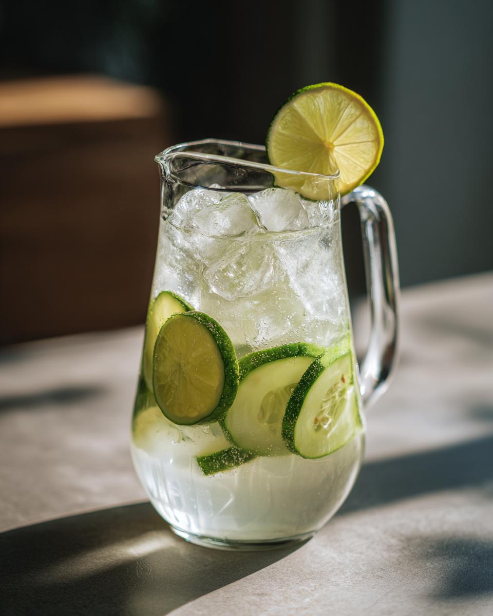 A pitcher filled with ice, cucumber slices, lime slices, and refreshing Cucumber Agua Fresca.