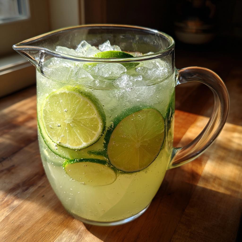 A pitcher filled with ice, lime slices, and cucumber slices, ready for a refreshing Cucumber Agua Fresca.