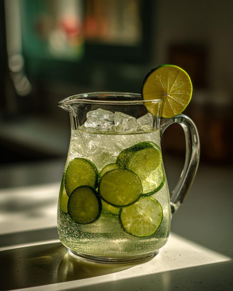 A glass pitcher filled with Cucumber Agua Fresca, ice, cucumber slices, and a lime wedge garnish.