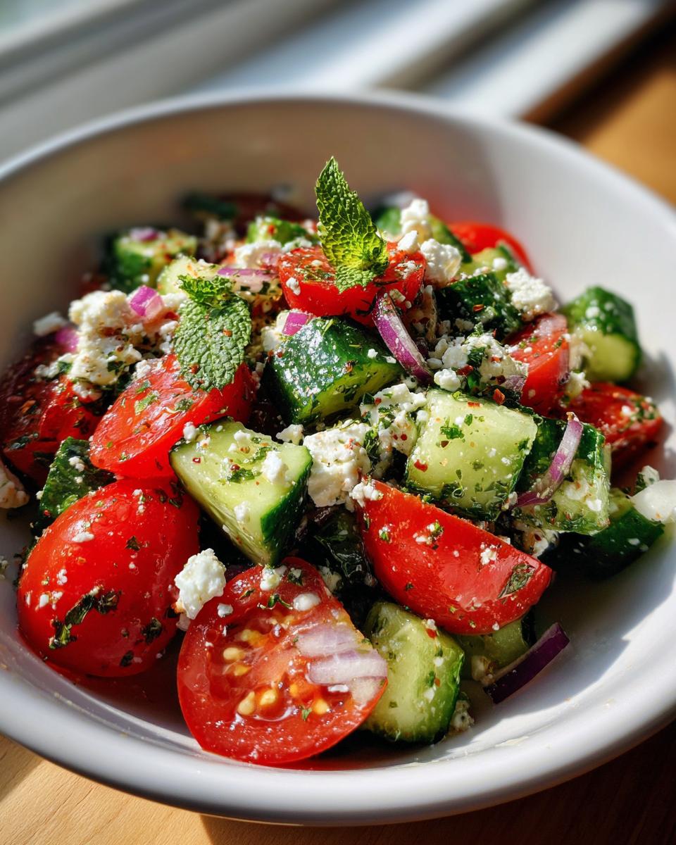 Fresh summer salad with cucumber, tomato, feta cheese, and mint, perfect for cookouts.