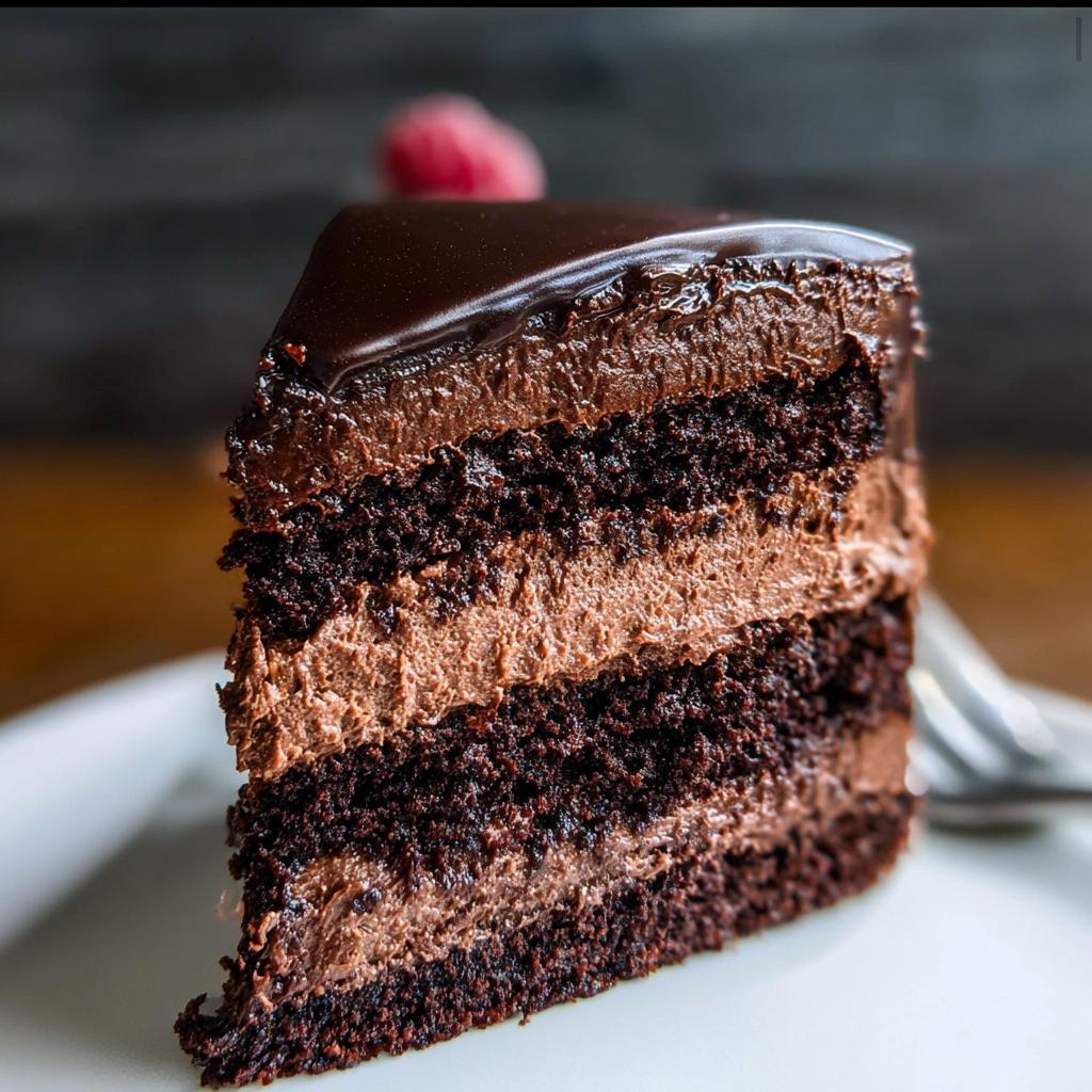 A rich slice of Dark Chocolate Mousse Cake with layers of chocolate cake and chocolate mousse, topped with a glossy chocolate ganache.