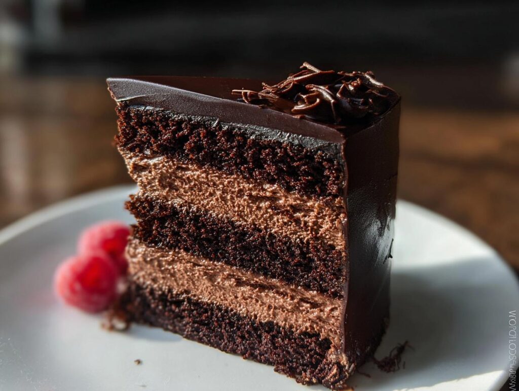 A decadent slice of Dark Chocolate Mousse Cake with layers of rich chocolate cake and creamy mousse, topped with chocolate shavings.