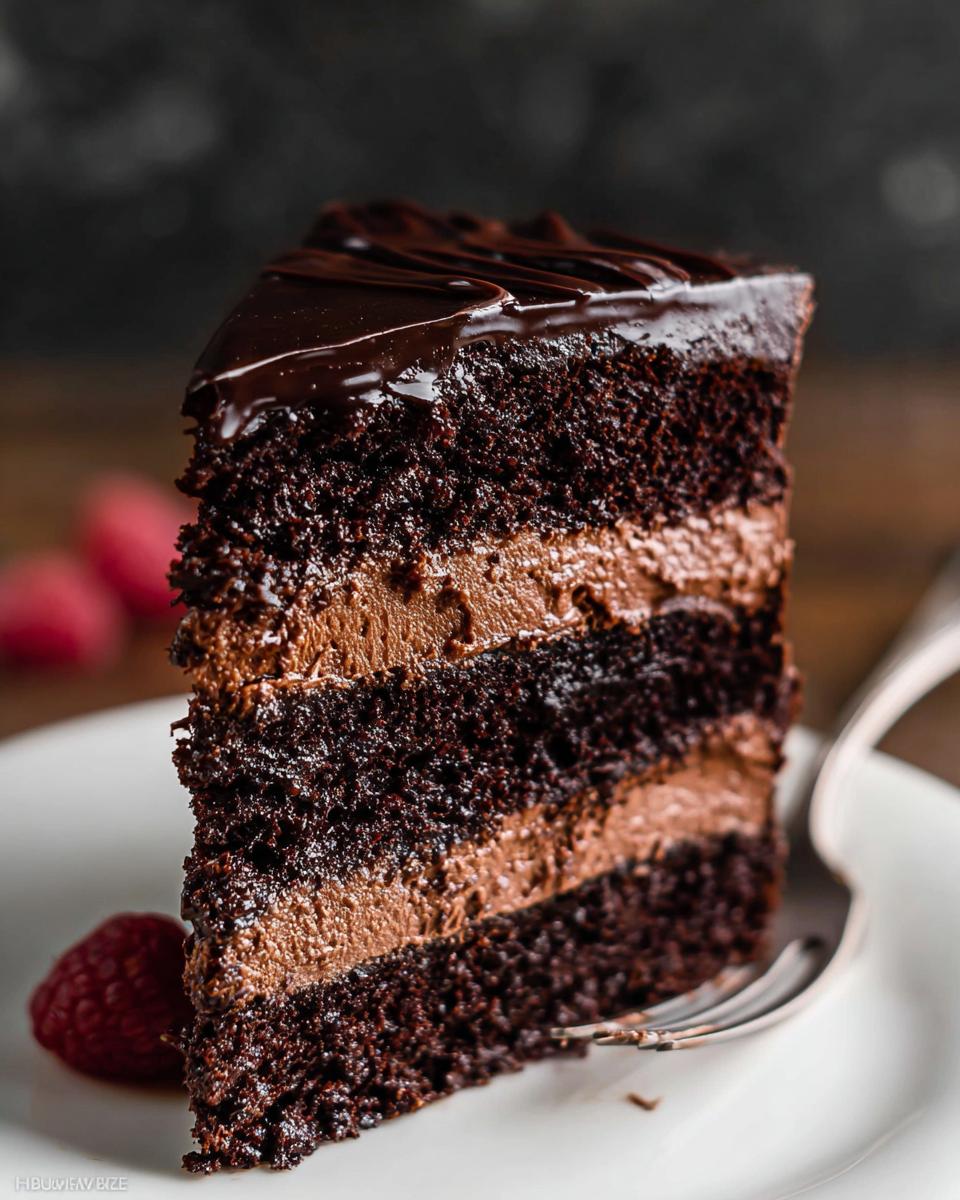 A decadent slice of Dark Chocolate Mousse Cake with rich chocolate layers and smooth mousse filling, garnished with raspberries.