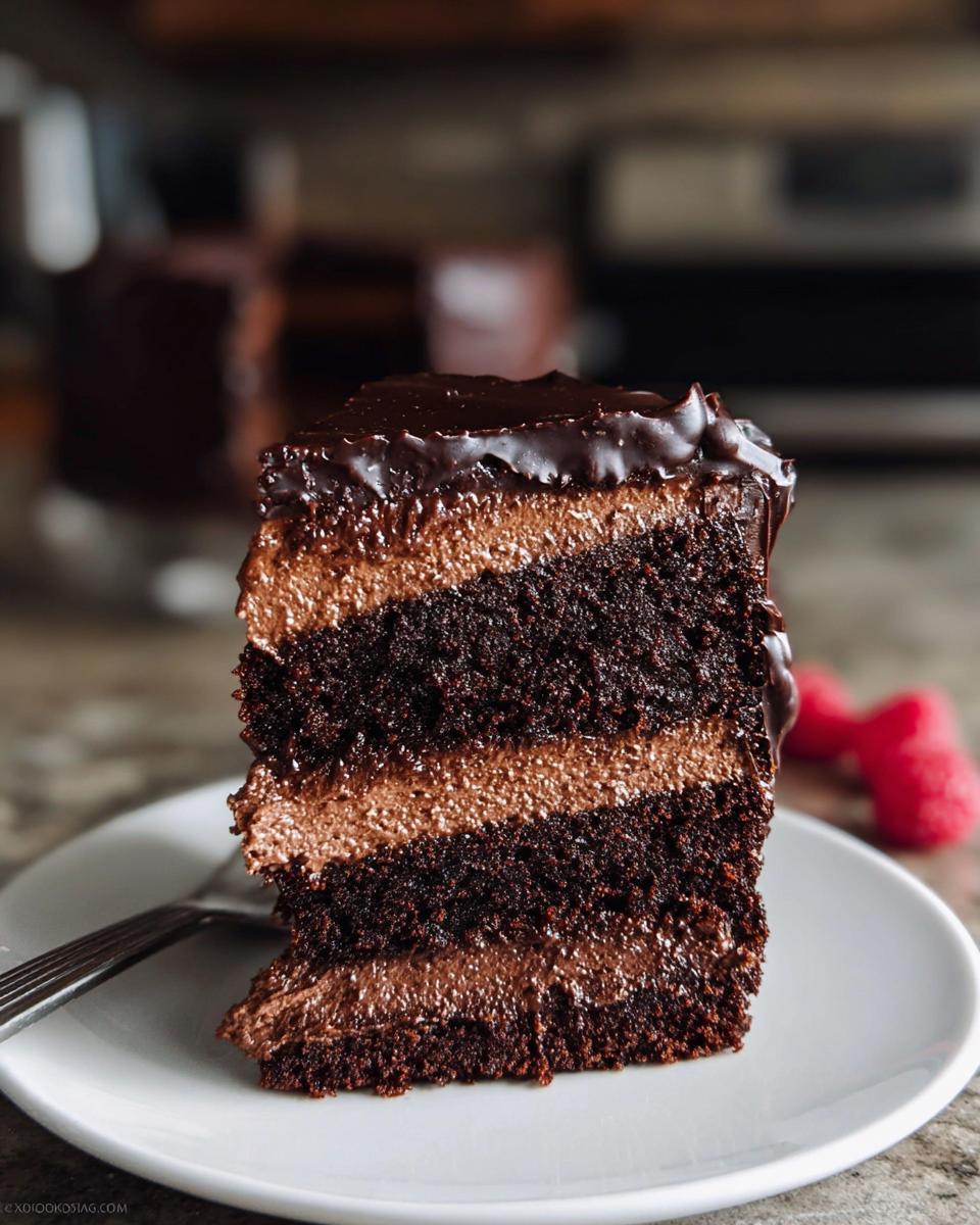 A decadent slice of Dark Chocolate Mousse Cake with layers of rich chocolate cake and smooth mousse.