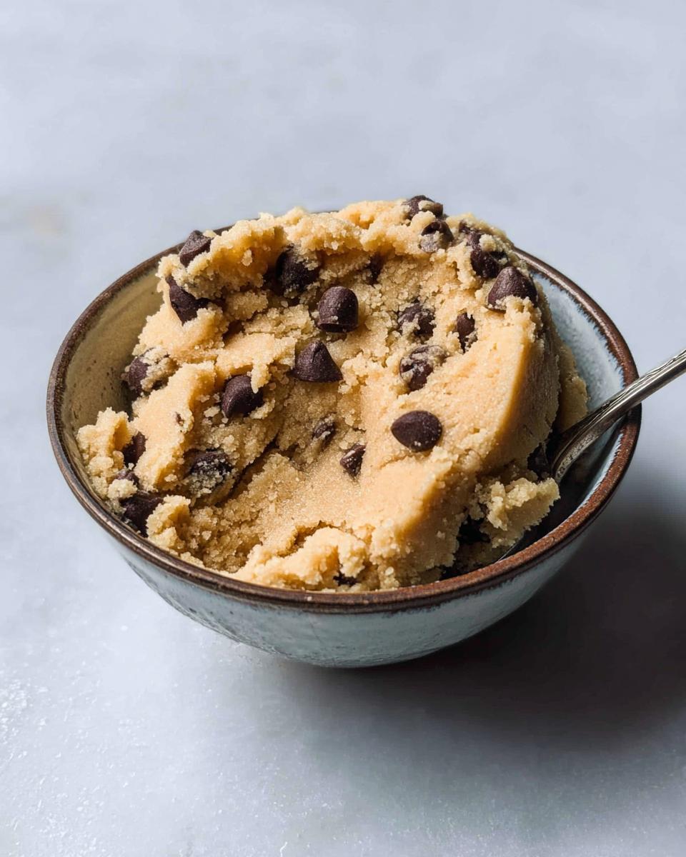 A close-up of a bowl filled with Delicious Protein Cookie Dough studded with chocolate chips.